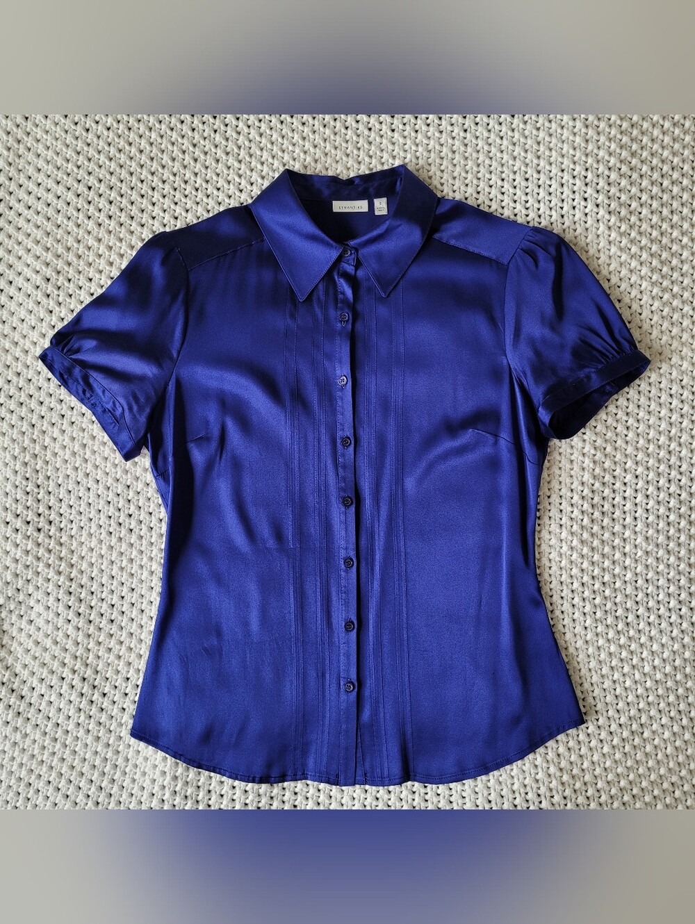 Semantiks Vintage Stretch Silk Button Down Short Sleeve Blouse, Blue